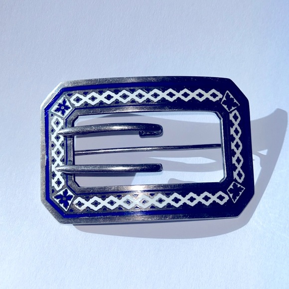 Antique Edwardian Blue and White Enamel Sterling Brooch Buckle - Picture 1 of 11